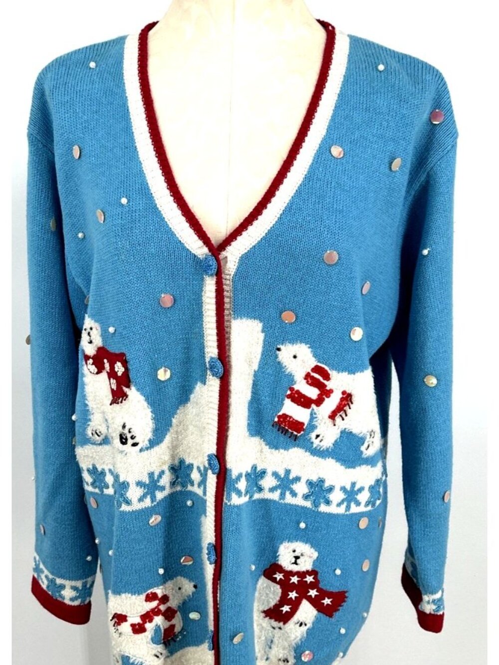 Storybook Knits Cardigan Sz L Sweater Womens Polar Bears Blue White Vintage